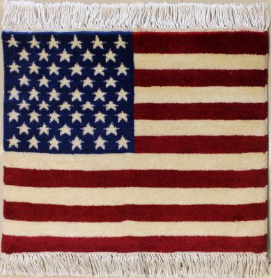 1'7x1'11 Pak Persian High Quality Area Rug with Wool Pile - USA Flag Pictorial Design | Hand-Knotted in White
