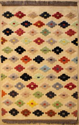 3'3x5'0 Gabbeh Area Rug made using Vegetable dyes with Wool Pile - Diamond Design | Hand-Knotted in White