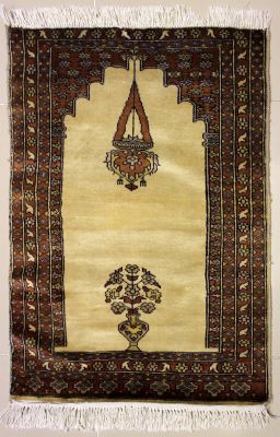 2'1x2'11 Bokhara Jaldar Area Rug with Wool Pile - Prayer Pictorial Design | Hand-Knotted in White