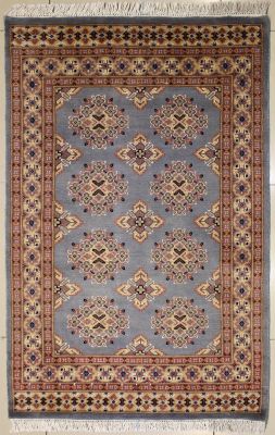3'1x5'2 Bokhara Jaldar Area Rug with Silk & Wool Pile - Geometric Diamond Design | Hand-Knotted in Grey