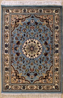 2'6x4'1 Pak Persian High Quality Area Rug with Wool Pile - Floral Design | Hand-Knotted in Greenish Blue