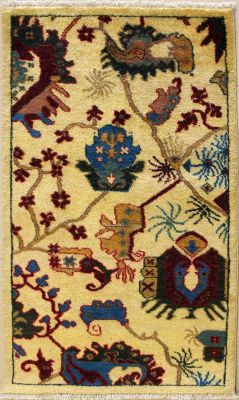 2'7x4'2 Chobi Ziegler Area Rug made using Vegetable dyes with Wool Pile - Floral Design | Hand-Knotted in Gold