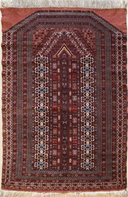 3'2x4'10 Caucasian Design Area Rug with Wool Pile - Tribal Prayer in High Quality Elephant Foot Design | Hand-Knotted in Reddish Brown