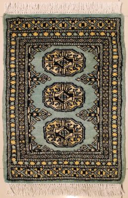 1'5x2'2 Bokhara Jaldar Area Rug with Wool Pile - Special Mori Bokhara Elephant Foot Design | Hand-Knotted in Green