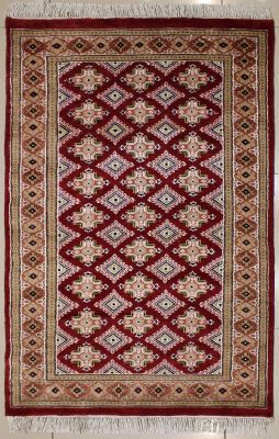 3'0x5'3 Bokhara Jaldar Area Rug with Silk & Wool Pile - Geometric Diamond Design | Hand-Knotted in Red