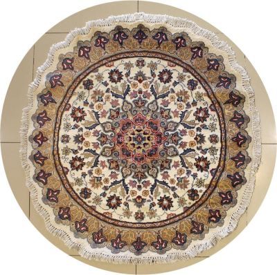 4'1x4'2 Pak Persian Area Rug with Silk & Wool Pile - Floral Design | Hand-Knotted in Ivory