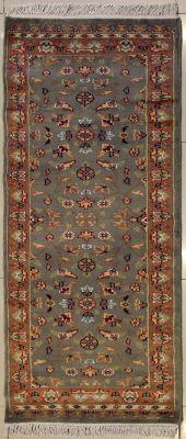 2'0x6'0 Pak Persian Area Rug with Silk & Wool Pile - Floral Design | Hand-Knotted in Grey