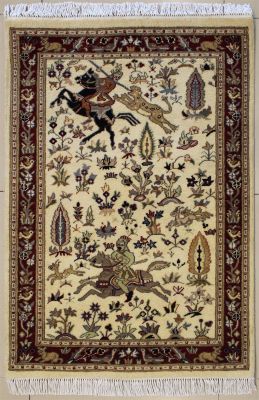 2'7x3'10 Pak Persian High Quality Area Rug with Wool Pile - Pictorial Hunting Shikargah Design | Hand-Knotted in White
