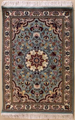 2'6x4'1 Pak Persian High Quality Area Rug with Wool Pile - Floral Design | Hand-Knotted in Greenish Blue