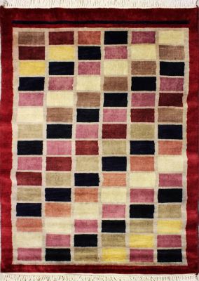 3'1x4'9 Gabbeh Area Rug with Wool Pile - Checkered Design | Hand-Knotted in Red