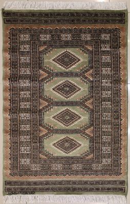 3'0x5'1 Bokhara Jaldar Area Rug with Silk & Wool Pile - Geometric Diamond Design | Hand-Knotted in Green