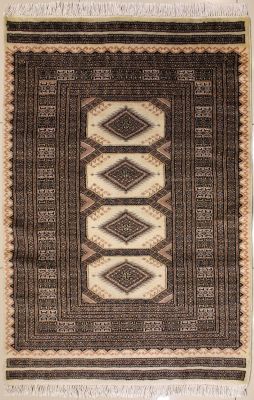 3'0x5'0 Bokhara Jaldar Area Rug with Silk & Wool Pile - Geometric Diamond Design | Hand-Knotted in White