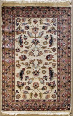 1'10x3'2 Pak Persian Area Rug with Silk & Wool Pile - Floral Design | Hand-Knotted in Ivory