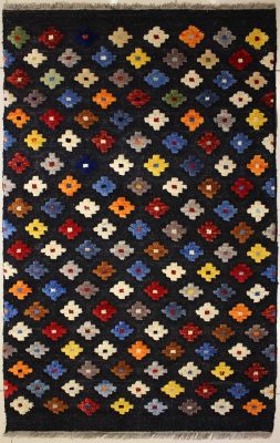 3'2x5'2 Gabbeh Area Rug made using Vegetable dyes with Wool Pile - Diamond Design | Hand-Knotted in Black