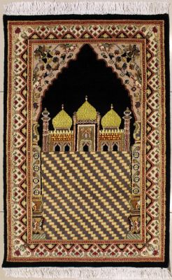 2'5x4'1 Pak Persian High Quality Area Rug with Wool Pile - Prayer Floral Design | Hand-Knotted in Black