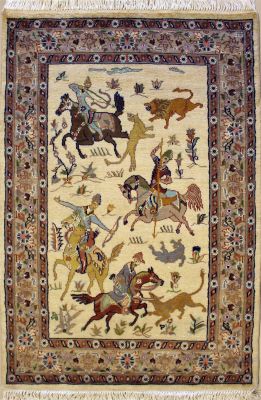 3'0x5'0 Pak Persian Area Rug with Silk & Wool Pile - Pictorial Hunting Shikargah Design | Hand-Knotted in White