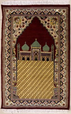 2'6x4'0 Pak Persian High Quality Area Rug with Wool Pile - Prayer Pictorial Design | Hand-Knotted in Red