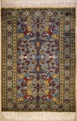 2'0x2'9 Pak Persian Area Rug with Wool Pile - Floral Design | Hand-Knotted in Grey