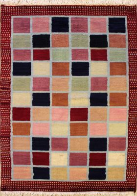 3'1x4'10 Gabbeh Area Rug with Wool Pile - Checkered Design | Hand-Knotted in Red