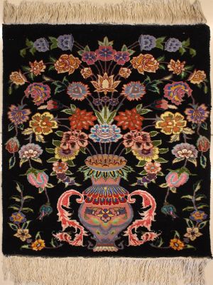 1'11x2'4 Pak Persian High Quality Area Rug with Silk & Wool Pile - Floral Design | Hand-Knotted in Black