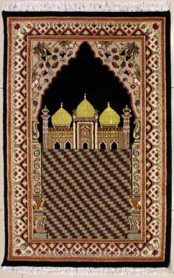2'6x4'1 Pak Persian High Quality Area Rug with Wool Pile - Prayer Pictorial Design | Hand-Knotted in Black