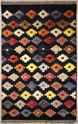3'2x5'1 Gabbeh Area Rug made using Vegetable dyes with Wool Pile - Diamond Design | Hand-Knotted in Black
