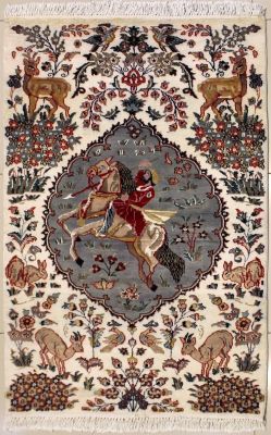 3'1x5'0 Pak Persian Area Rug with Silk & Wool Pile - Pictorial Hunting Shikargah Design | Hand-Knotted in Ivory