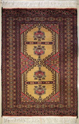 2'0x3'2 Bokhara Jaldar Area Rug with Wool Pile - Geometric Design | Hand-Knotted in Reddish Brown