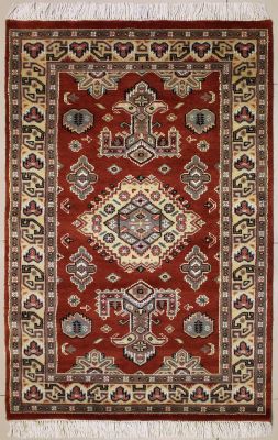 3'0x5'0 Caucasian Design Area Rug with Silk & Wool Pile - Geometric Design | Hand-Knotted in Reddish Brown
