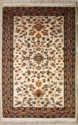 3'0x5'1 Pak Persian Area Rug with Silk & Wool Pile - Floral Design | Hand-Knotted in Ivory