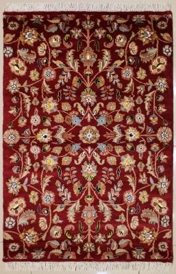 3'0x5'0 Pak Persian Area Rug with Silk & Wool Pile - Floral Design | Hand-Knotted in Red