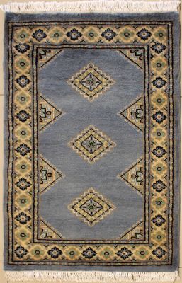 2'0x2'11 Bokhara Jaldar Area Rug with Wool Pile - Geometric Diamond Design | Hand-Knotted in Grey