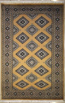 3'1x4'11 Bokhara Jaldar Area Rug with Silk & Wool Pile - Geometric Diamond Design | Hand-Knotted in Beige