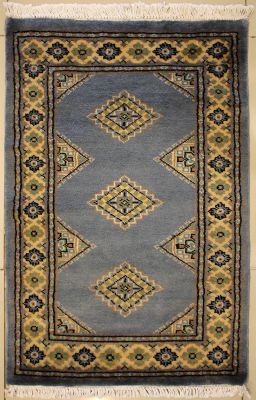 1'11x3'1 Bokhara Jaldar Area Rug with Wool Pile - Geometric Diamond Design | Hand-Knotted in Grey