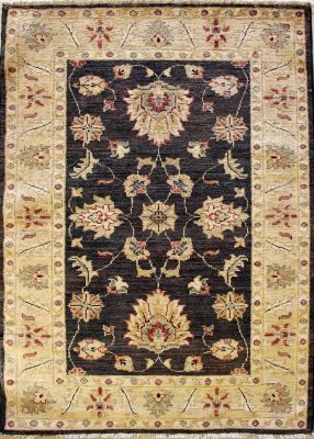 2'8x4'1 Chobi Ziegler Area Rug made using Vegetable dyes with Wool Pile - Floral Design | Hand-Knotted in Black