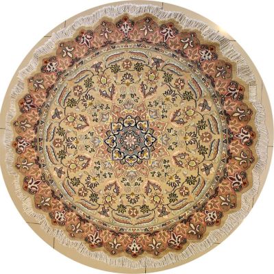 5'0x5'0 Pak Persian Area Rug with Silk & Wool Pile - Floral Design | Hand-Knotted in Beige