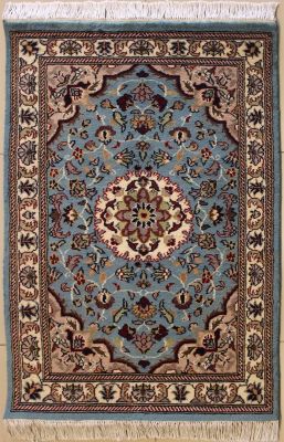 2'7x4'1 Pak Persian High Quality Area Rug with Wool Pile - Floral Design | Hand-Knotted in Greenish Blue