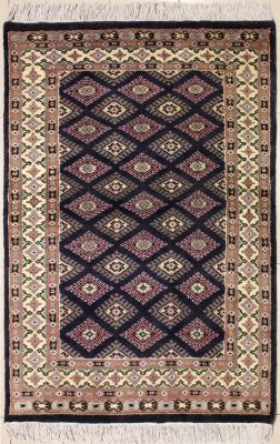 3'1x5'3 Bokhara Jaldar Area Rug with Silk & Wool Pile - Geometric Diamond Design | Hand-Knotted in Grey