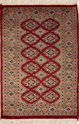 2'0x3'0 Bokhara Jaldar Area Rug with Silk & Wool Pile - Geometric Diamond Design | Hand-Knotted in Red