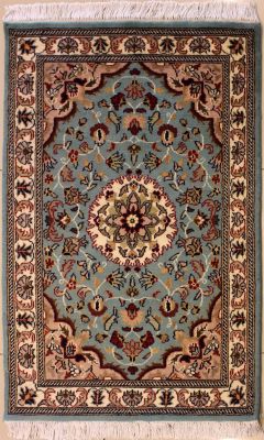 2'6x4'3 Pak Persian High Quality Area Rug with Wool Pile - Floral Design | Hand-Knotted in Greenish Blue