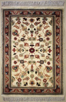 2'0x2'11 Pak Persian Area Rug with Silk & Wool Pile - Floral Design | Hand-Knotted in Ivory