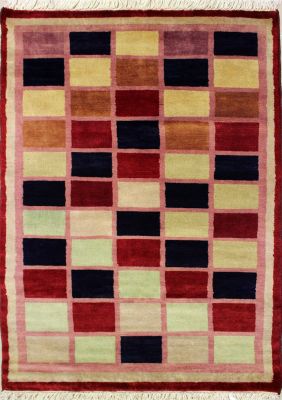 3'1x4'10 Gabbeh Area Rug with Wool Pile - Checkered Design | Hand-Knotted in Red