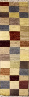 2'6x9'0 Gabbeh Area Rug with Wool Pile - Checkered Design | Hand-Knotted Multicolored | 2.5x9 Runner Rug