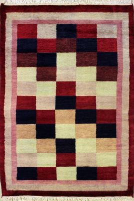 3'0x4'11 Gabbeh Area Rug with Wool Pile - Checkered Design | Hand-Knotted in Red