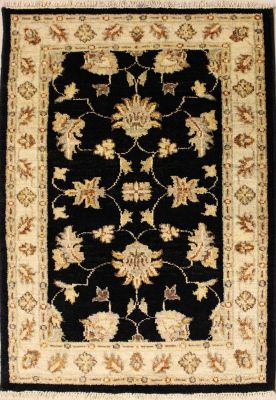 2'8x4'2 Chobi Ziegler Area Rug made using Vegetable dyes with Wool Pile - Floral Design | Hand-Knotted in Black