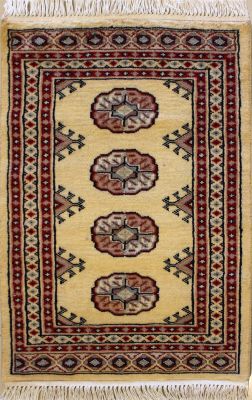2'0x3'0 Bokhara Jaldar Area Rug with Wool Pile - Special Mori Bokhara Elephant Foot Design | Hand-Knotted in White