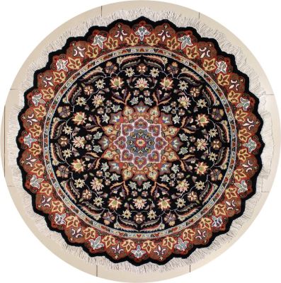 5'1x5'1 Pak Persian Area Rug with Silk & Wool Pile - Floral Design | Hand-Knotted in Black