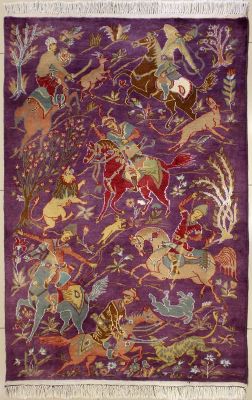 3'3x5'1 Pak Persian Area Rug with Silk & Wool Pile - Pictorial Hunting Shikargah Six Horses Design | Hand-Knotted in Purple