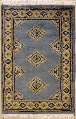 2'0x3'0 Bokhara Jaldar Area Rug with Wool Pile - Geometric Diamond Design | Hand-Knotted in Grey