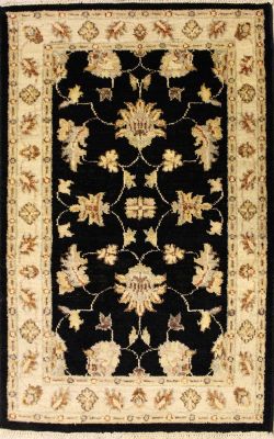 2'7x4'3 Chobi Ziegler Area Rug made using Vegetable dyes with Wool Pile - Floral Design | Hand-Knotted in Black